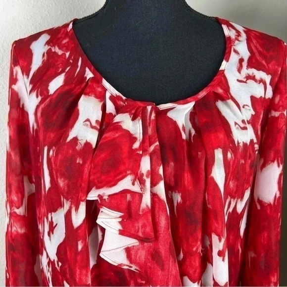 Anne Klein Red White Sheer Floral Blouse Top Size Large - Picture 9 of 12